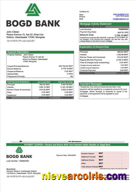 Mongolia Bogd Bank mortgage statement Word and PDF template